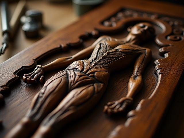 Intricately restored antique wooden carving with fine details