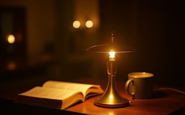 Elegant table lamp crafted from a vintage brass trumpet, illuminating a cozy reading nook